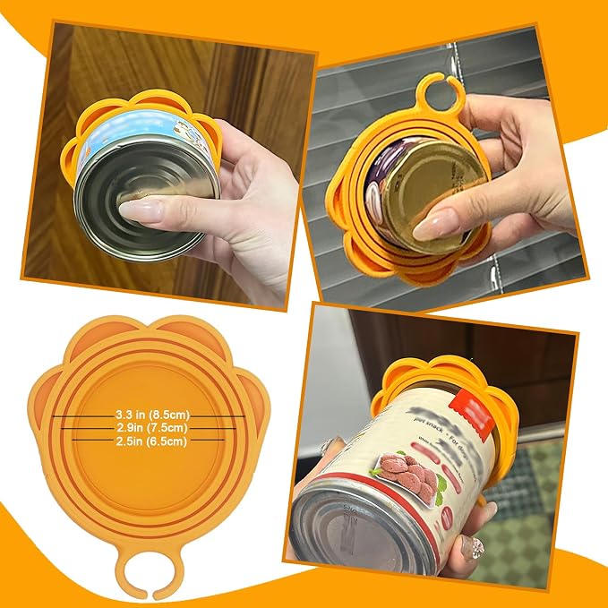 SIANE Cat Food Can Spoons & Can Lids | 4 Pcs | Colorful Multi-Function Opener | Universal Soft Silicone Pet Food Covers | Wet Food Spatula for Kittens and Dogs(Orange)