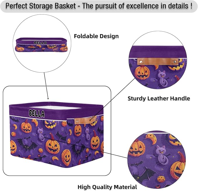 Custom Name Storage Bin, Personalized Rectangular Storage Basket with Handles for Organizing Girls Toys Office Closet Shelf Baskets Halloween Pumpkin Bat Cat Stars Purple