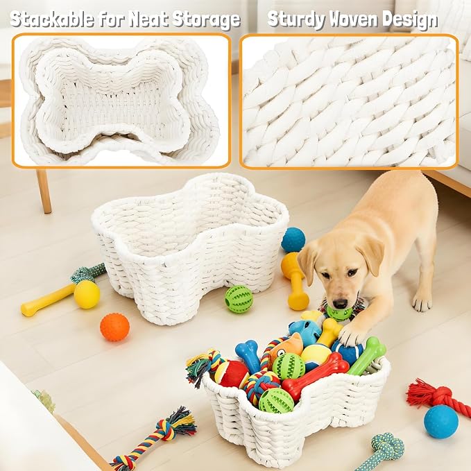 ZAVOOS 2 Pack Dog Toy Basket, Handwoven Bone Shape | Cotton Rope Pet Food Storage Baskets, Pet Supplies Organizer Bin for Chew Toys, Blankets, Treats, Leashes, 2 Sizes