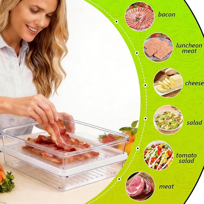 3pcs Large Deli Meat Container with Lids for Bacon Cold Cuts Storage | Stackable, Clear Deep Design, Refrigerator Organizer, for Cold Cuts, Cheese, Ham, Salami, Meal Prep Food Storage Boxes