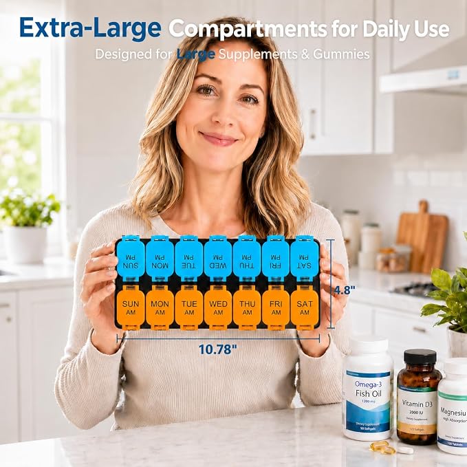 Yaklim Extra Large Weekly Pill Organizer, Detachable 7 Day AM PM Pill Box | XXL 14 Detachable AM PM Compartments；For Big Vitamins & Supplements； Easy to Open & Fill； Waterproof Seals； Easy Readability