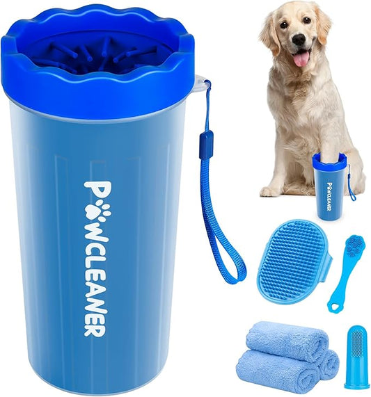 Professional 7 in 1 Dog Paw Cleaner for Dogs - Includes 1 Portable Paw Washer, 1 Bath Brush, 2 Dog Toothbrushes and 3 Absorbent Towels Note: Fits Paws 2.5 to 3.5 Inches Wide (Large, Navy Blue)