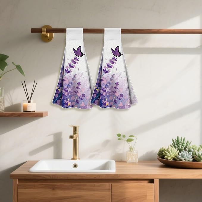 CUTHOLLOW Purple Lavender Flower Hanging Kitchen Towels with Loop, Set of 2 - Soft & Super Absorbent Microfiber Decorative Hanging Dish & Hand Towel, Tea Coffee Towel for Kitchen Bathroom Oven Handle