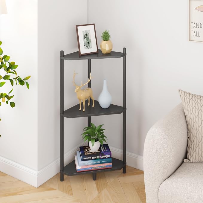 Wisuce Black Small Corner Shelf Stand, 3-Tier Bamboo Corner Bookshelf | Space-Saving Narrow Corner Shelf | Bathroom Corner Shelf | Shelves for Bedroom, Living Room, Kitchen & Plant Display