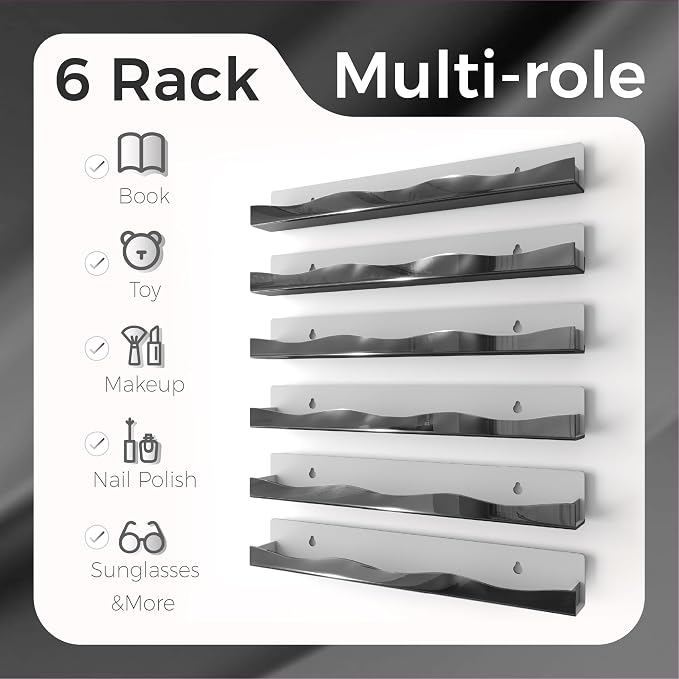 Wall-Mounted Nail Polish Organizer Rack - 15-Inch Black Mirror Finish Nail Polish Shelf, Makeup & Beauty Essentials Storage - Multi-Purpose Display Holder for Small Space, Vanity Bathroom, 6 Pack