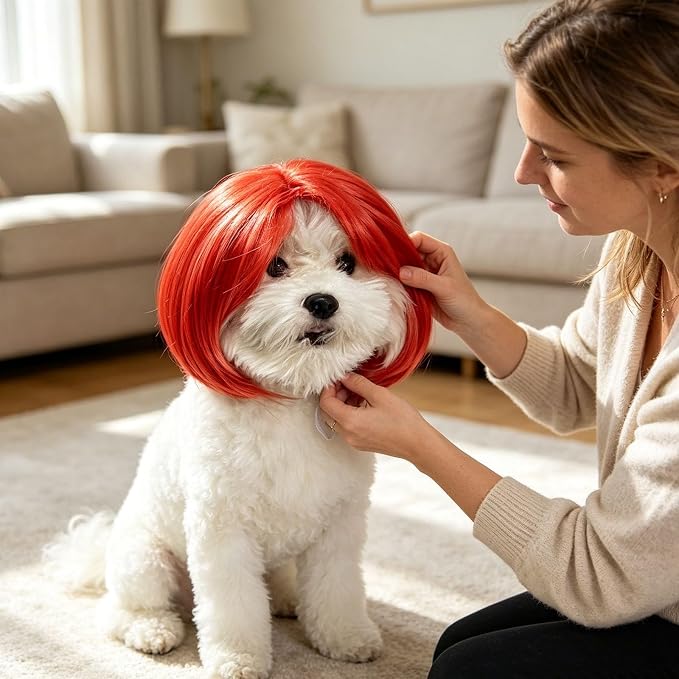 Cute Dog Wig for Small Dogs & Cat, Funny Pet Wigs Headband with Elastic Bands, 7 Inch Adjustable Dog Cat Costume Accessory for Halloween, Christmas & Cosplay (Black)