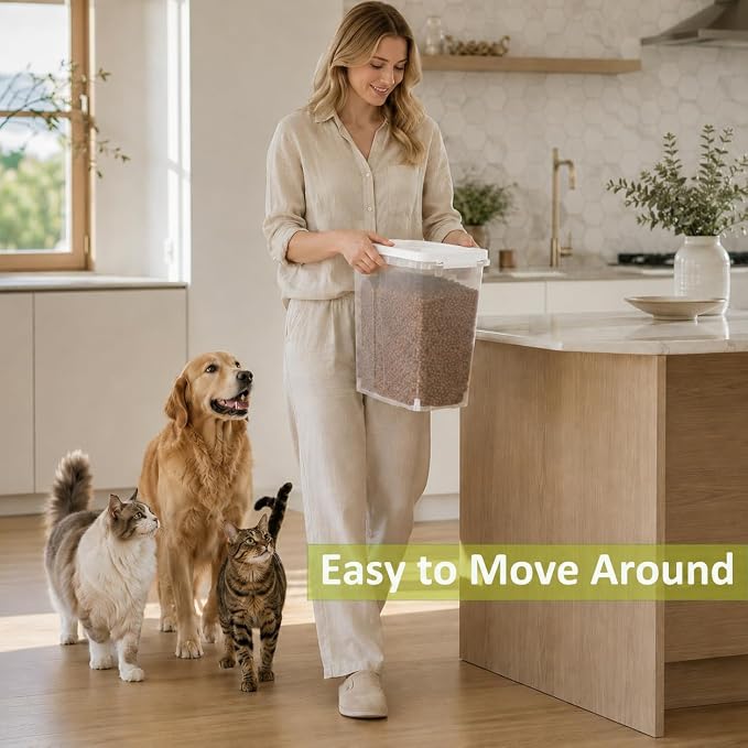 5-10 Lbs Airtight Cat Dog Food Storage Container, 8QT Compact Pet Food Bin | Plastic Food Container with Buckle-Lock Lid & Scoop for Dog, Cat, Bird Seed, Pet Food, Chicken, Dry Food, Rice, Cereal, Flour