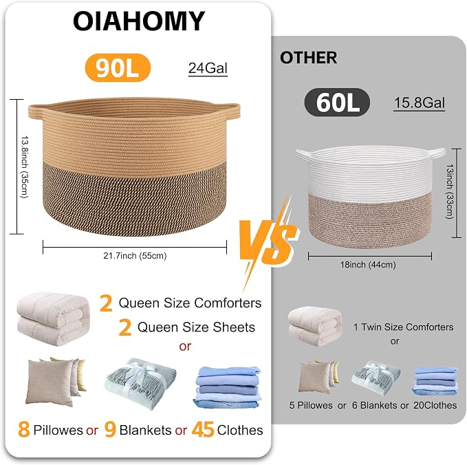 OIAHOMY 90L XXXLarge Blanket Basket for Living Room, 21.7" x 13.8" Woven Cotton Rope Laundry Basket for Organizing Pillows, Decorative Stuffed Animal Toy Storage for Nursery, Jute and Black