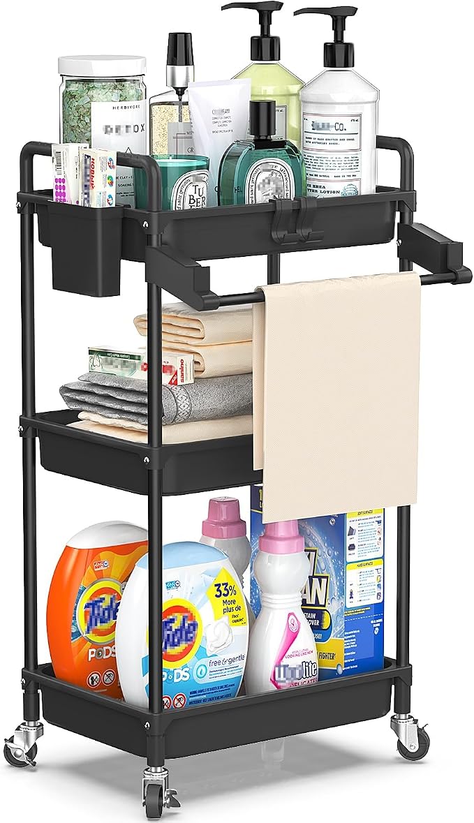 SPACEKEEPER Rolling Storage Cart, 3 Tier Utility Cart for Bathroom, Black | Rolling Cart with Lockable Wheels, Towel Rack, Hooks & Cup for Laundry Room,Kitchen,Office, Snack,Craft,Art,Makeup,Nail,Toys