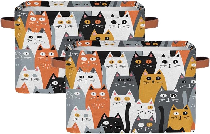 AUUXVA Storage Basket Cute Animal Cat Pattern Storage Cube Box Durable Canvas Collapsible Toy Basket Organizer Bin with Handles for Shelf Closet Bedroom Home Office