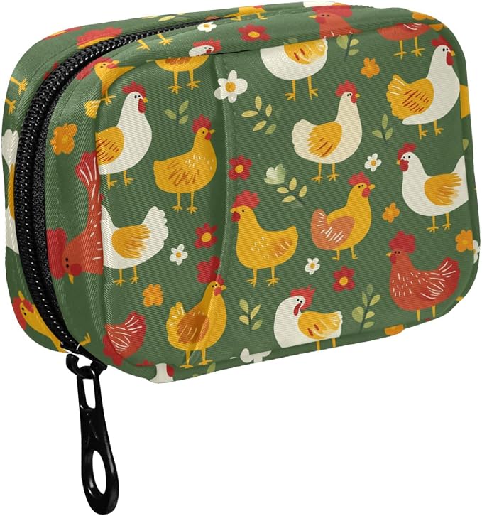 Fustylead Colorful Cute Cartoon Chicken Rooster Hen Travel Pill Case Bag with Zipper Weekly Pill Box 8 Compartments 7 Day Personal Pill Case Purse Medicine Case Organizer