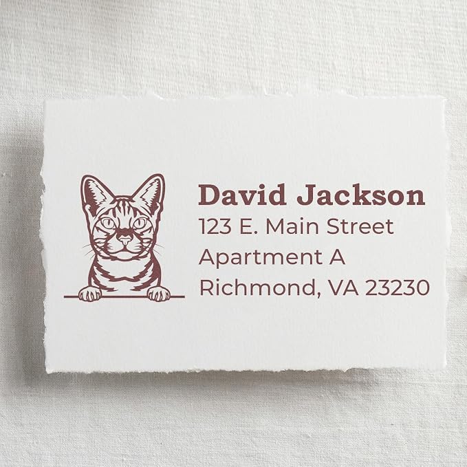 Peeking Ocicat Self-Inking Address Stamp - Custom Stamp for Mail | Address Stamper for Housewarming Gifts. Built-in refillable pad. Envelope Stamp with Ocicat Design. 4 case colors.