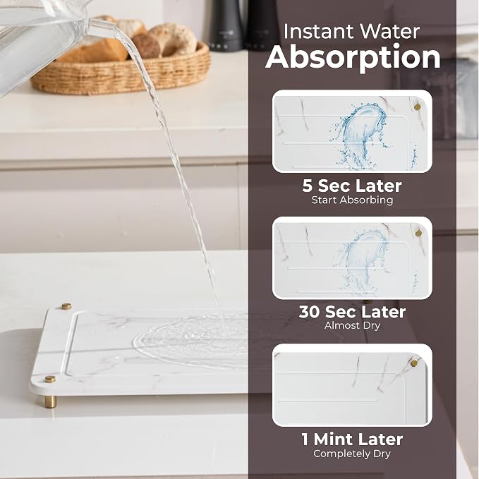 Stone Drying Mat for Kitchen Counter + Sink Caddy | 15.7"x11.8" Diatomaceous Earth Drying Mat with Stainless Steel Feet | Heat Resistant to 450°F | Eco-Friendly Dish Drying Stone for Kitchen Counter