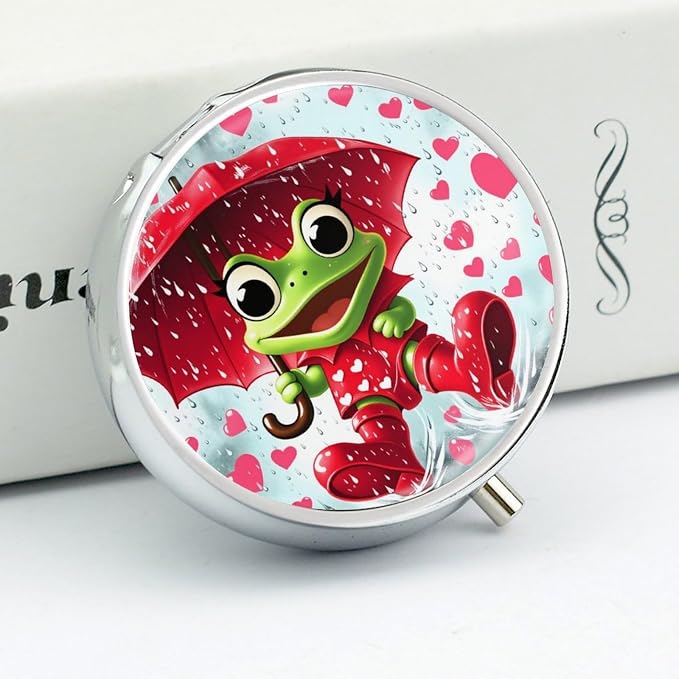 Frog Playing In The Rain Metal Round Pill Box, 3 Compartment Travel Organizer, Portable Pill Container with Secure Latch, 2 Inch Circular Vitamin Caddy for Pills And Vitamins, Gift for Him Her Elderly