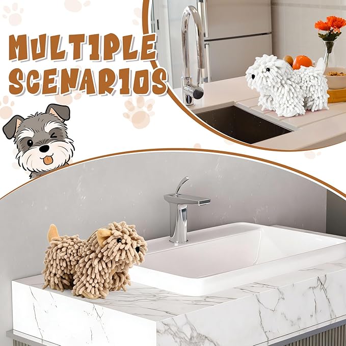 Tegeme 2 Pcs Chenille Dog Hand Towel Fuzzy Dog Towel Absorbent Microfiber Soft for Bathroom Kitchen Washstand (White Brown)