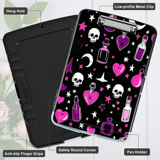 Purple Heart Wishing Bottle Clipboard with Storage Pen Holder, Clipboards Organizer Nursing Clipboard Foldable File Folder Plastic Clipboard Folio Clip Board for Office Students Classroom