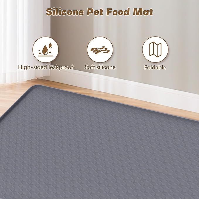Cat Food Mat, 51" x 25.6" Pet Feeding Mat Extra Large Silicone Cat Litter Mat with Raised Edge Pet Placemat for Food and Water Bowl Non-Slip, Easy to Clean, Floor Protection (Dark Grey)