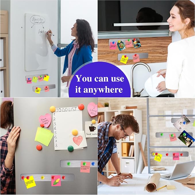 Outus 6 Pcs Magnetic Wall Strips 15" x 2", 48 Magnets, Silver | Metal display strips for notes, photos and memos; ideal for office, home, classroom and workspace.