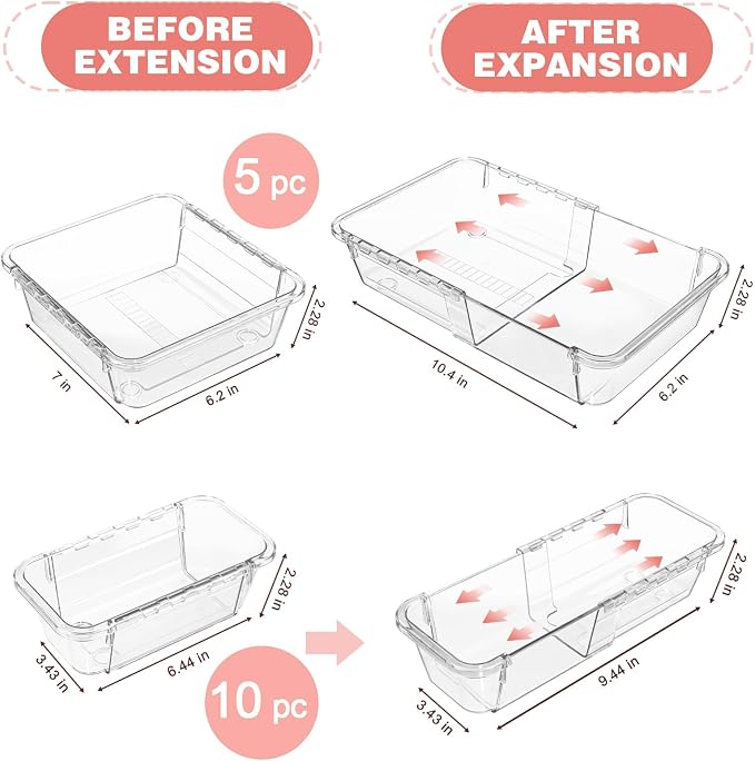 15 Pcs Expandable Drawer Organizer, All Adjustable Storage Box, Clear | 2-Size Vanity Drawer Organizer, Acrylic Storage Bins for Makeup, Cosmetic, Bedroom Dressers Tool Organizer for Gadgets