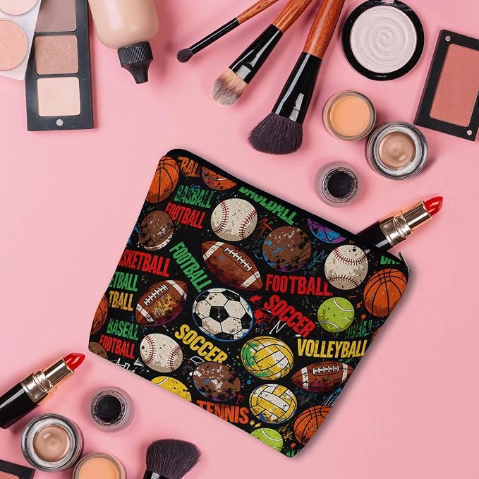 Woman Makeup Bag Sports Balls, Baseball Soccer Basketball Game Makeup Bags Travel Cosmetic Bags Toiletry Makeup Organizer Pencil Pouch Make Up Cosmetic Bag For Owners Lady Birthday Gifts