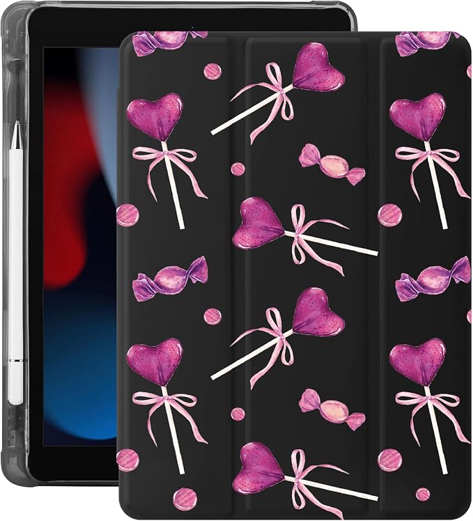 Cute Bow Lolipop Case for 13" iPad Pro(2024), Clear TPU Smart Stand Back Cover with Pencil Holder, Auto Wake/Sleep Foldable Shockproof Protective Case