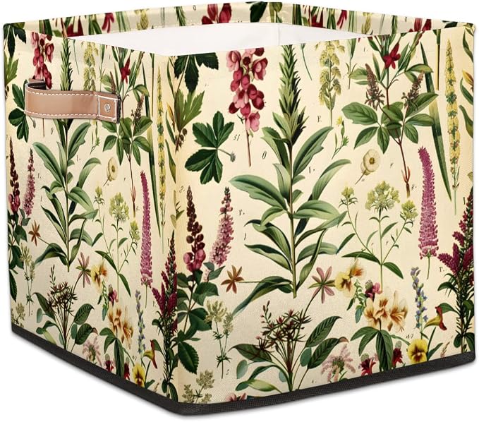 Wildflower Botanical Storage Bin, 13 Inch Collapsible Fabric Storage Bin, Floral Vintage Foldable Cube Basket for Shelf, Closet, Organizer