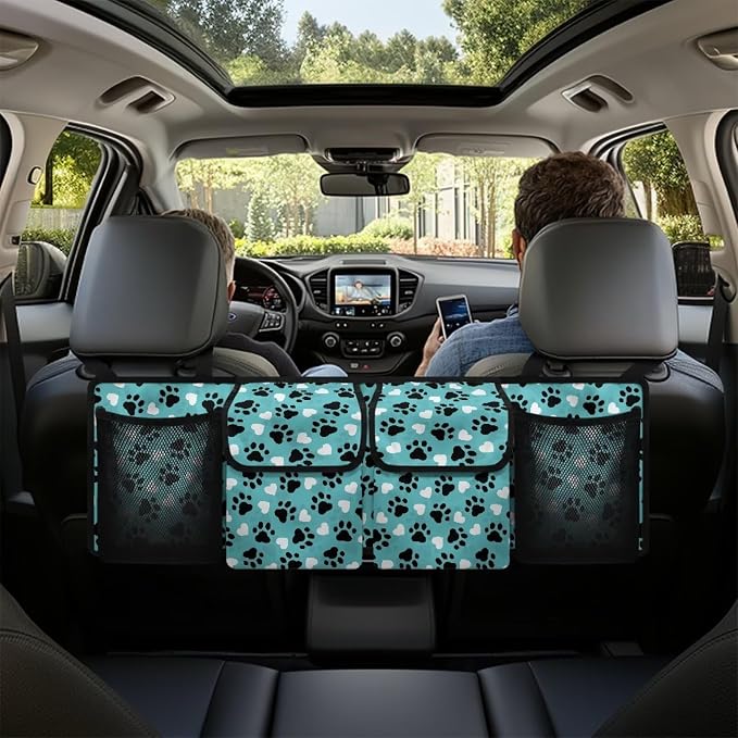 Dog Paw Car Trunk Organizer Hanging Multipurpose Auto Backseat Storage Bag Universal Automotive Interior Accessories with 4 Pockets 3 Adjustable Straps
