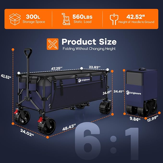 Originsure 300L Beach Wagons Carts Foldable with Big Wheels, 560lbs, Purple | 48" Folding Utility Wagon,7" All-Terrain Wheels,Heavy Duty Frame,Compact&Space-Saving,for Camping,Sports,Grocery,Garden