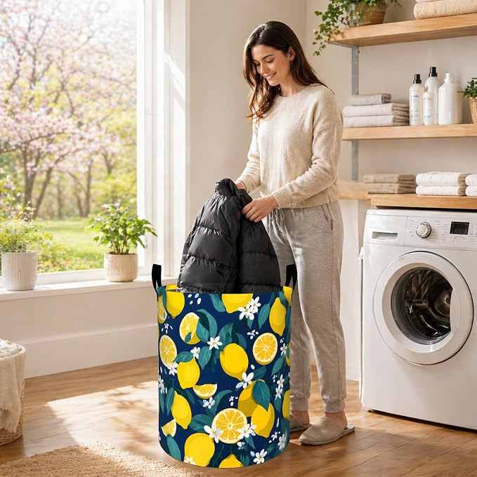 Lemon Floral Laundry Basket, Blossom Fruit Oxford Cloth Dirty Clothes Collapsible Hamper for Room Decor, Botanical Gifts, Toy Organizer 19.7 x 15.7 Inches for Bedroom Bathroom Dorm
