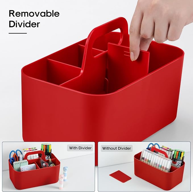Multiuse Caddy Organizer with Handle, Portable Divided Plastic Tote Bin - Art Craft, Stationary Pen Marker Crayons, Makeup Hair Supplies Storage - Bathroom, Classroom, Dorm, Office, Desk Holder - Red
