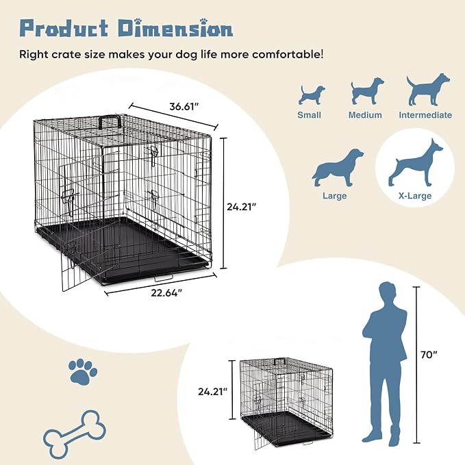 DUMOS Dog Crate 36 Inch, Foldable Small Medium Dog Cage Pet Kennel | Double Door Metal Wire, Plastic Leak-Proof Pan Tray, Portable Indoor Outdoor Training Travel