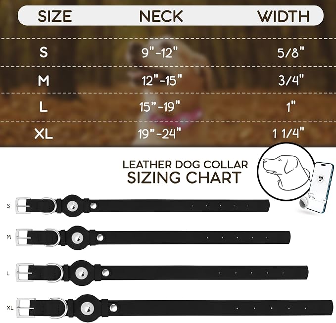 Leather Dog Collar with Airtag Holder - Apple Air Tag Dog Collars - Soft Tracking GPS Pet Collar for Small Medium Large Dogs Breed Puppy (Black, XL, 19"-24" Neck Fit)