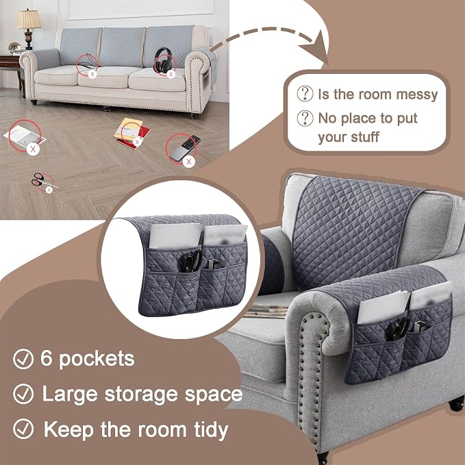 Water-Resistant Sofa Armrest and Headrest Covers with Side Pocket | Keep remotes close quilted polyester helps guard against wear, pet scratches, and kids' messes silicone backing adds grip