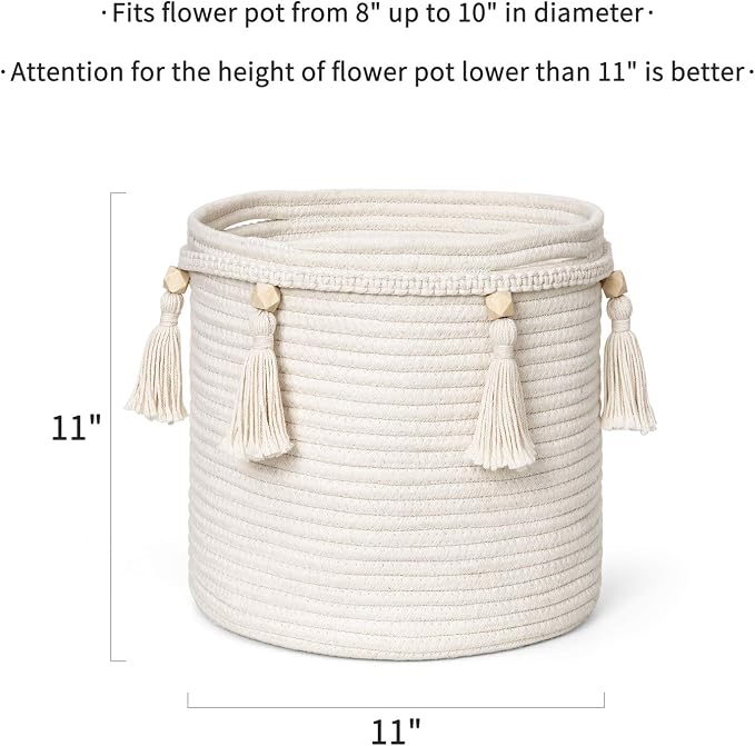 Mkono Macrame Decorative Cotton Rope Basket Boho Cute Woven Tassel Closet Storage Bins Organizer for Nursery,Baby Toys,Magazines, Potted Plants Cover,Living Room,Bedroom,Home Decor 11"x11",Small