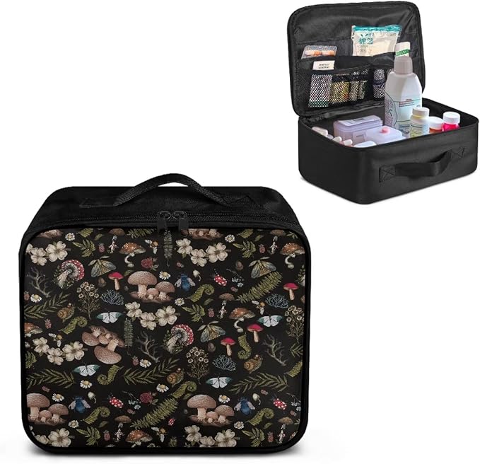 Rnyleeg Black First Aid Kits for Businesses Portable Medical Kit for Car Travel Medicine Bag Organizer Home Medical Supplies Mushroom Butterfly Flower Pattern