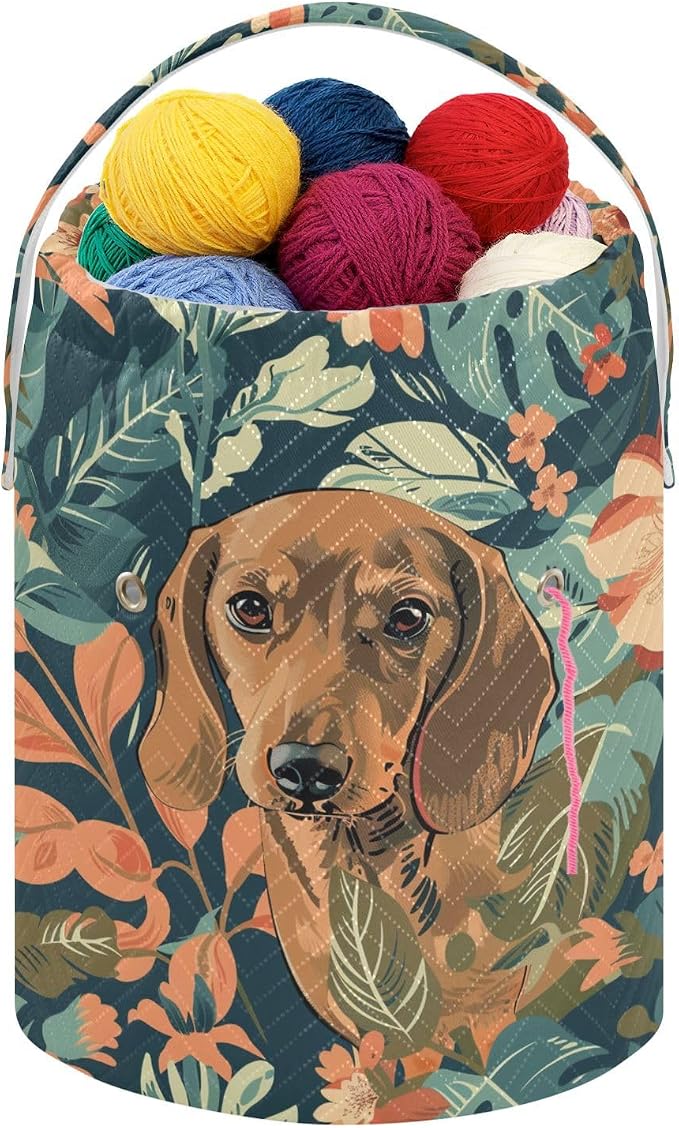 Fustylead Vintage Lovely Dachshund Dogs and Floral Knitting Yarn Storage Tote Basket, Durable Polyester Large Crochet Drawstring Bag for Crocheting Project, Sewing Supplies, Needles