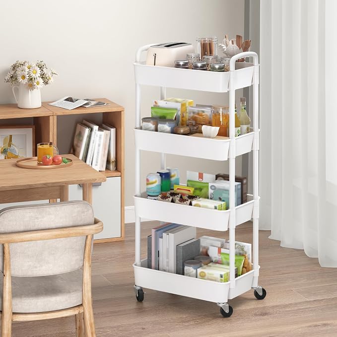 Sywhitta 4-Tier Plastic Rolling Utility Cart with Wheels for Storage,White | Multi-Functional Storage Trolley, for Office, Living Room, Kitchen, Bathroom,Movable Organizer,Space-Saving,Easy to assemble
