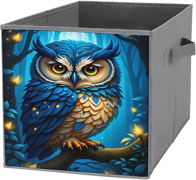 Moonlit Owl Foldable Storage Bins, 10.6" Cube Storage Organizer, Sturdy Oxford Cloth Fabric Baskets for Closet, Shelf, Nursery, Bedroom, Decorative Printed Box for Toys & Clothes
