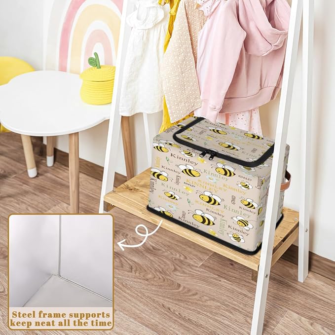 Personalized Beige Storage Basket with Name, Rectangle Toys Storage Bin with Handles Zipper Lid for Girls, Collapsible Basket for Clothes, Books, Cartoon Bee with Daisy Floral Beige
