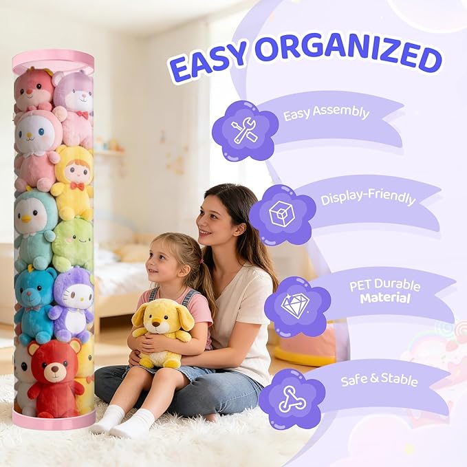 Stuffed Animal Storage Tube, Dust-Resistant 47x11 Inches Large Capacity Toy Storage Organizer with Zipper, Easy Assembly & Space Saving for Plush Toys, Playrooms Living Rooms Bedrooms Pink
