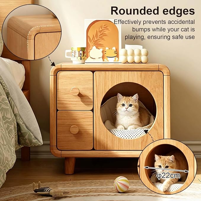 Wooden Nightstand with Cat House, Small Bedside Table with Double Drawers | Home Side Table, Multi-Functional Cat Furniture for Bedroom, Living Room, Corner