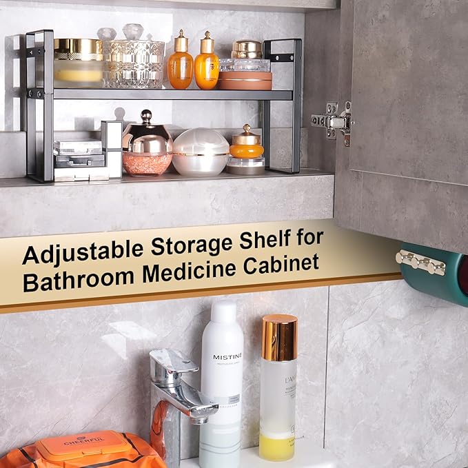Expandable Narrow Medicine Cabinet Organizer Shelves Wide 3.58”,Metal Counter Storage Shelf Stand with Adjustable Layer and Non-Slip Pads for Cabinet,Kitchen,Pantry Small Space-Black