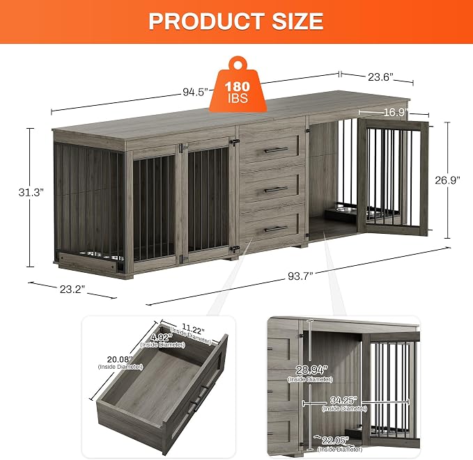 Rophefx 94.5" Dog Crate Furniture for 2 Dogs, Wooden Kennel TV Stand,Grey | Indoor double dog house with 3 storage drawers, 4 feeding bowls, lockable doors, and a wide top for large and medium dogs