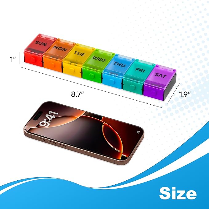 Push Button Weekly Pill Organizer, Medicine Pill Organizer, Pill Box Case 7 Day, Pill Container for Vitamins, Fish Oil, Supplements Medication (Colorful)