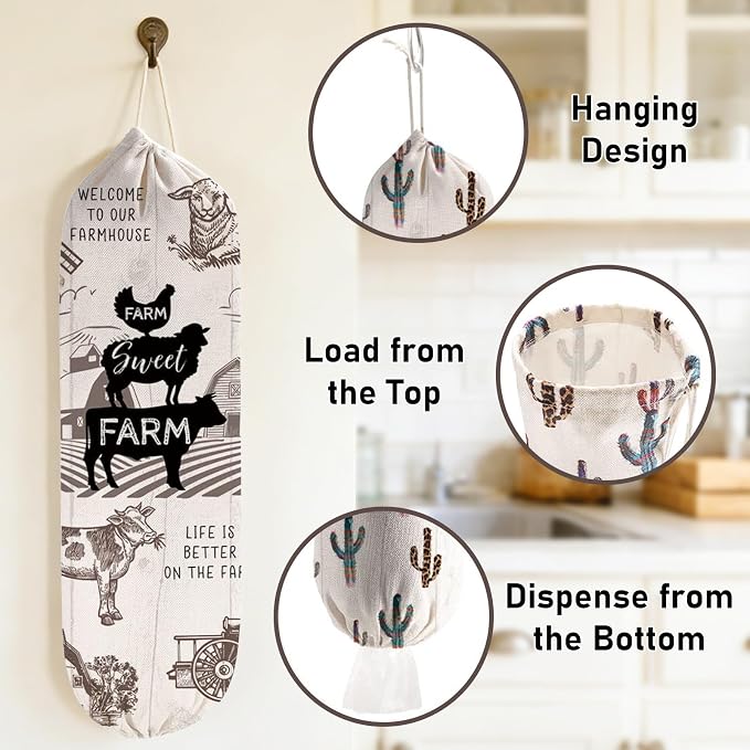 2Pcs Farmhouse Plastic Bag Holder for Kitchen Essentials, Reusable Hanging Grocery Bag Organizer, Washable Large Grocery Trash Bags Storage Dispenser, Farmhouse Home Decor