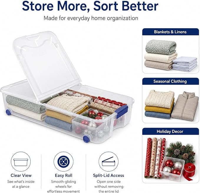 66 Qt Under Bed Storage Container, Wheeled Clear Latching Lid(2-Pack) | High capacity plastic, smooth gliding rollers, space saving clothing linens organizer, dorm wardrobe accessory
