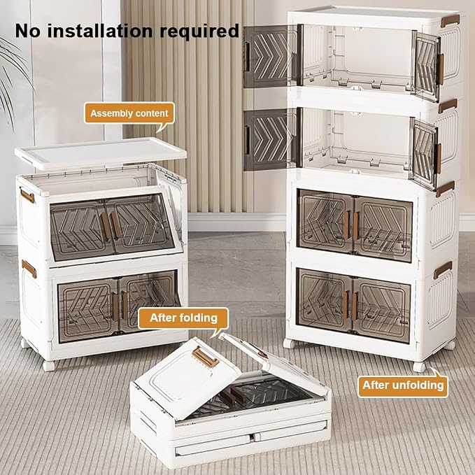 ETOYA 4-Tier Stackable Storage Bins with Lids, 23QT Stackable Closet Organizers and Storage with Wheels and Magnetic Doors, Foldable Plastic Storage Containers for Seasonal Clothes, Toys, Tools