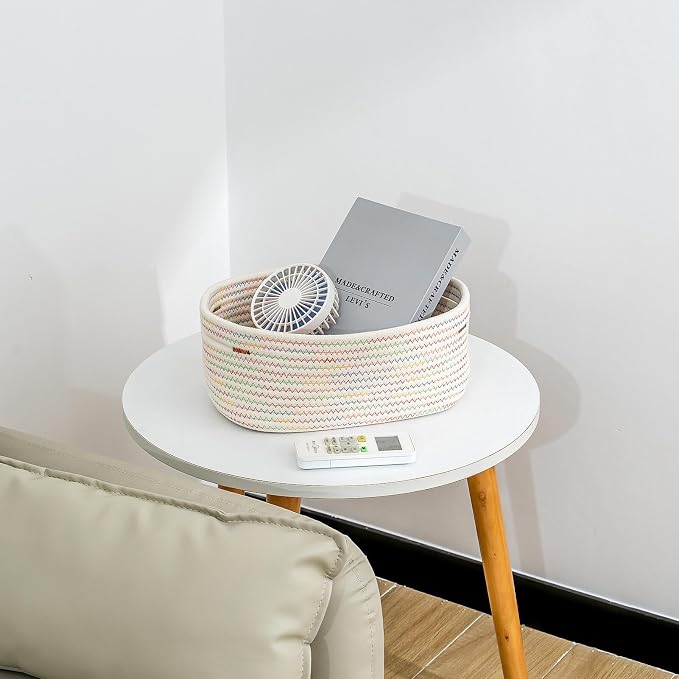 CubesLand Rectangle Woven Cotton Rope Storage Basket for Organizing | Small Basket for Kids, Baby Nursery, Cat Dog Toy Baskets, Organizer Bins for Shelves Rainbow Stitches