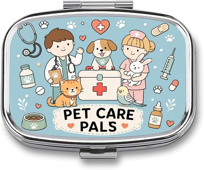 Friendly Pet Care Pals Poster Two Compartment Pill Box Medicine Organizer, Portable Pill Case with Secure Snap Closure for Vitamins Medication Supplements Daily Use