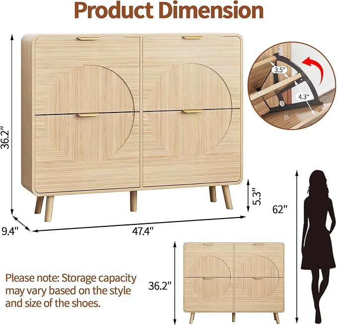 Shoe Storage Cabinet with 4 Flip Drawers for Entryway, 47.4" Freestanding Hidden Shoe Rack Cabinet, Narrow Shoe Organizer for Hallway, Foyer, Oak